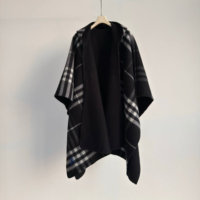 BURBERRY 26S DOUBLE-FACED REVERSIBLE CHECK HOODED CAPE IN BLACK