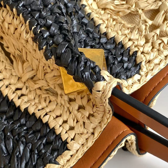 VALENTINO GARAVANI  VLOGO SIGNATURE MEDIUM 35 IN NATURAL AND BLACK RAFFIA
