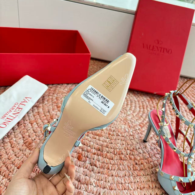 VALENTINO 26S OCKSTUD HEELS IN MINT GREEN CALFSKIN