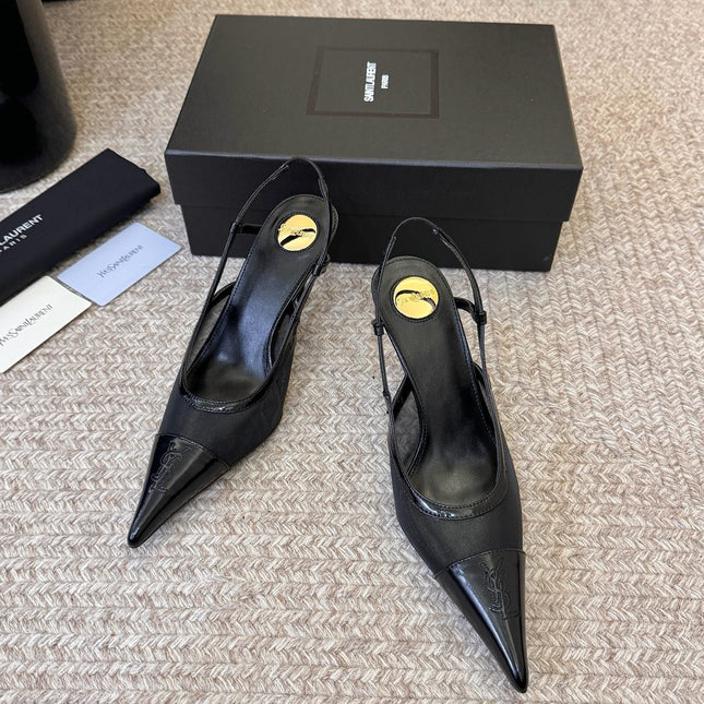 YSL 26S SLINGBACK POINTED HEEL 70 MM IN BLACK CAFLSKIN AND FABRIC