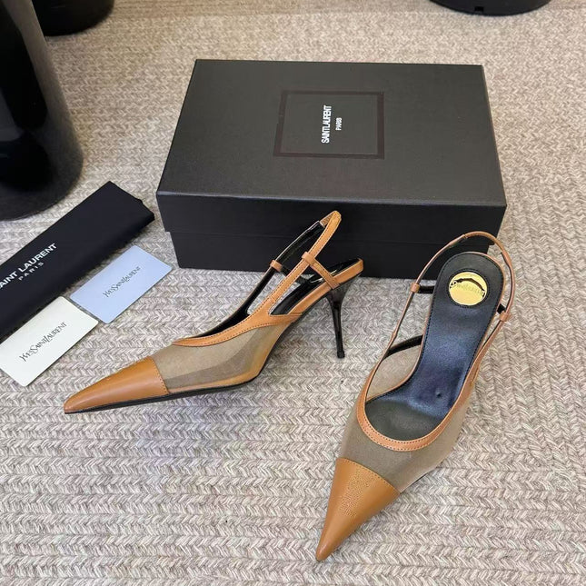 YSL 26S SLINGBACK POINTED HEEL 70 MM IN BROWN CAFLSKIN AND FABRIC