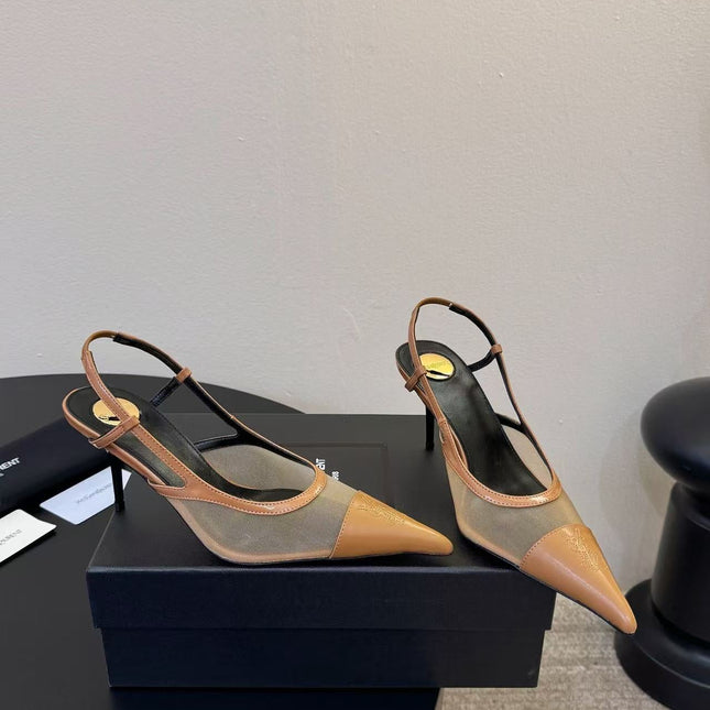 YSL 26S SLINGBACK POINTED HEEL 70 MM IN BROWN CAFLSKIN AND FABRIC