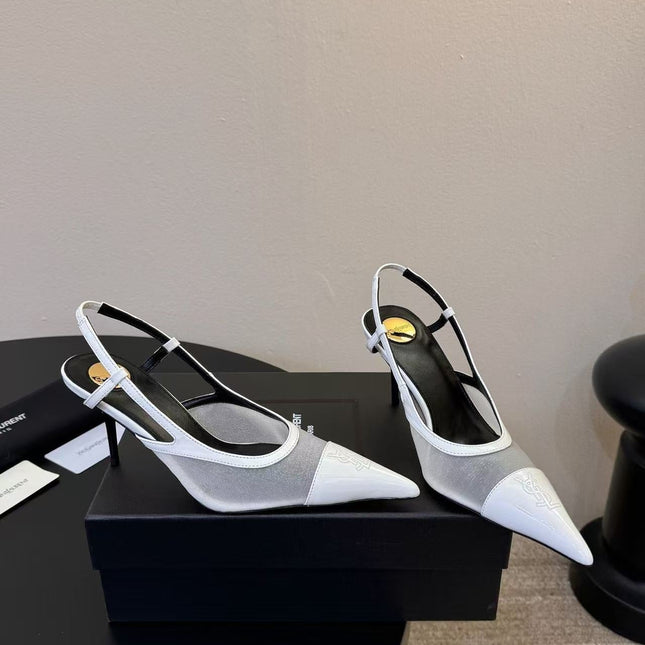 YSL 26S SLINGBACK POINTED HEEL 70 MM IN WHITE CAFLSKIN AND FABRIC