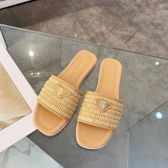 PRADA 26S SLIDE SANDALS IN NATURAL RAFFIA LEATHER TRIMMED