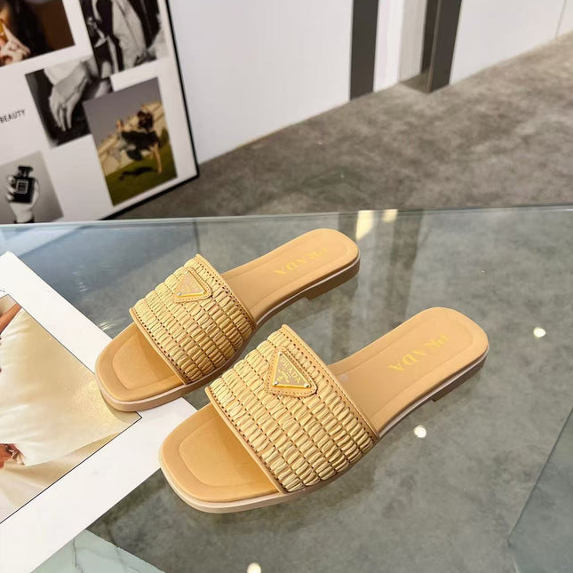PRADA 26S SLIDE SANDALS IN NATURAL RAFFIA LEATHER TRIMMED
