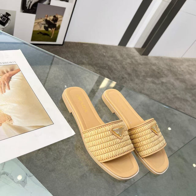 PRADA 26S SLIDE SANDALS IN NATURAL RAFFIA LEATHER TRIMMED