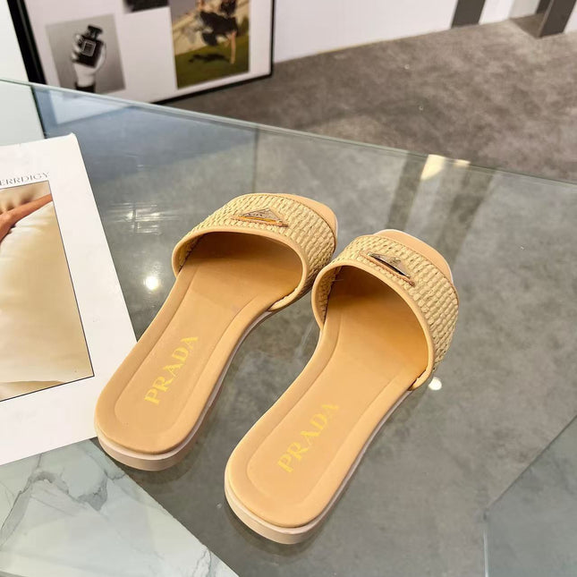PRADA 26S SLIDE SANDALS IN NATURAL RAFFIA LEATHER TRIMMED