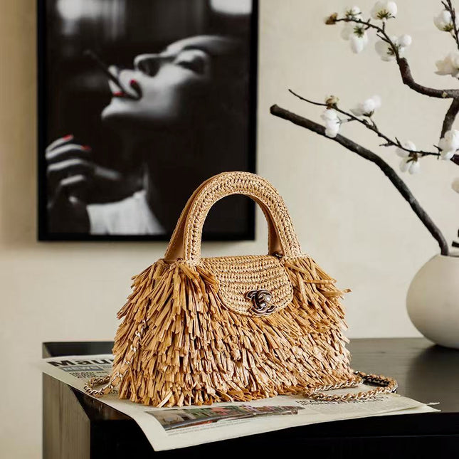 CHANEL 26S SMALL FRINGE KELLY DARK BEIGE RAFFIA WOOD