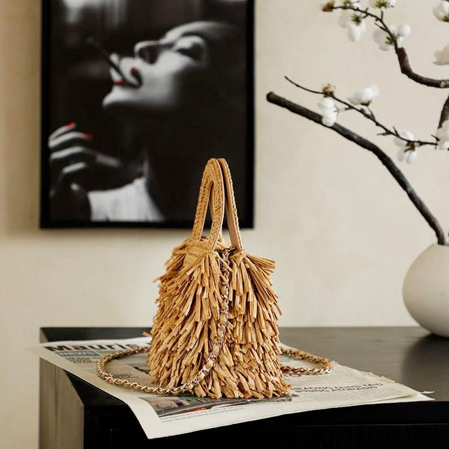 CHANEL 26S SMALL FRINGE KELLY DARK BEIGE RAFFIA WOOD