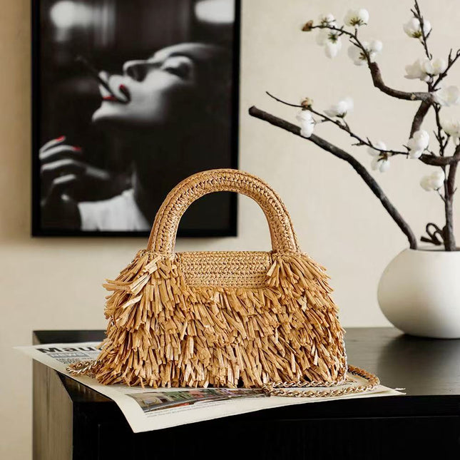 CHANEL 26S SMALL FRINGE KELLY DARK BEIGE RAFFIA WOOD