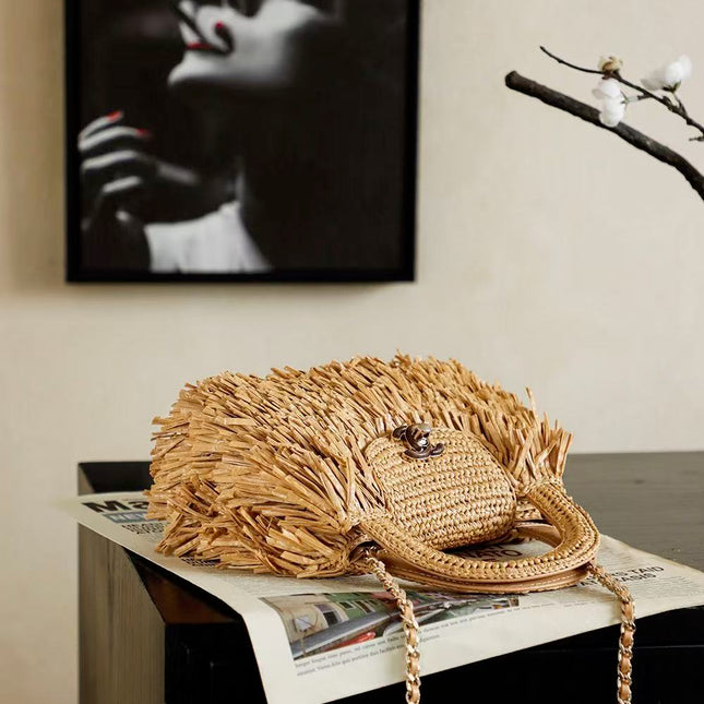 CHANEL 26S SMALL FRINGE KELLY DARK BEIGE RAFFIA WOOD