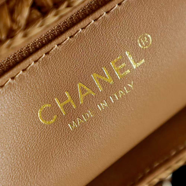 CHANEL 26S SMALL FRINGE KELLY DARK BEIGE RAFFIA WOOD