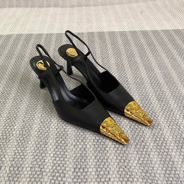 YSL 25S HIGH-HEEL SLINGBACKS 65 MM IN BLACK LAMBSKIN AND GOLD HARDWARE