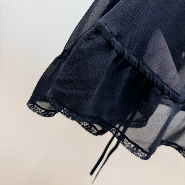 CHLOE 26S SHEER RUFFLE BLOUSE IN BLACK CHIFFON