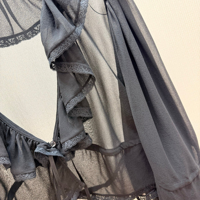 CHLOE 26S SHEER RUFFLE BLOUSE IN BLACK CHIFFON