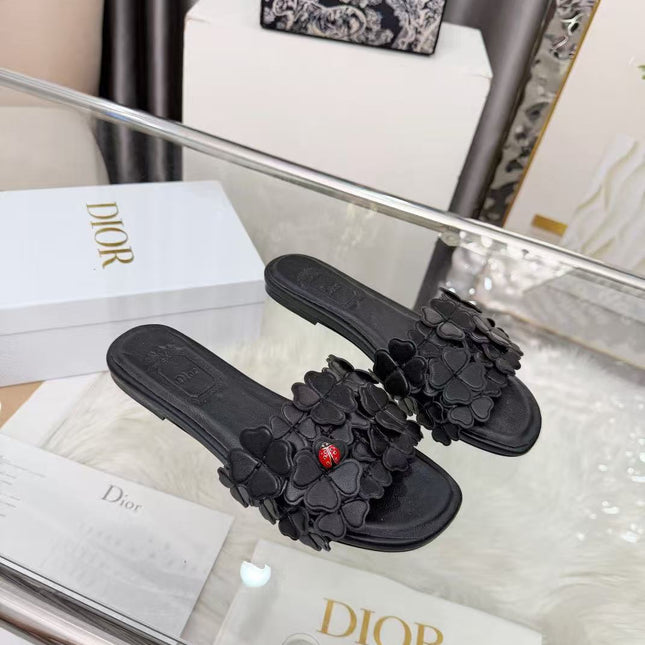 DIOR 26S SLIDE SANDALS IN HEART FLORAL BLACK CALFSKIN