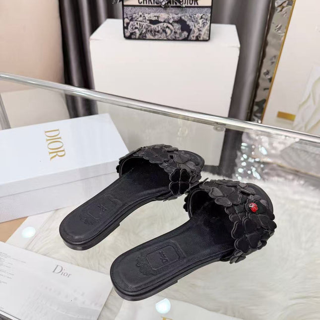 DIOR 26S SLIDE SANDALS IN HEART FLORAL BLACK CALFSKIN