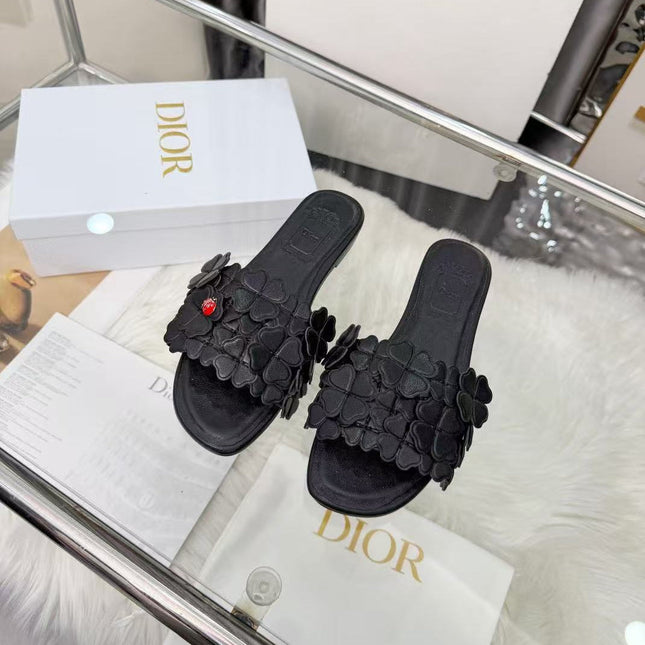 DIOR 26S SLIDE SANDALS IN HEART FLORAL BLACK CALFSKIN