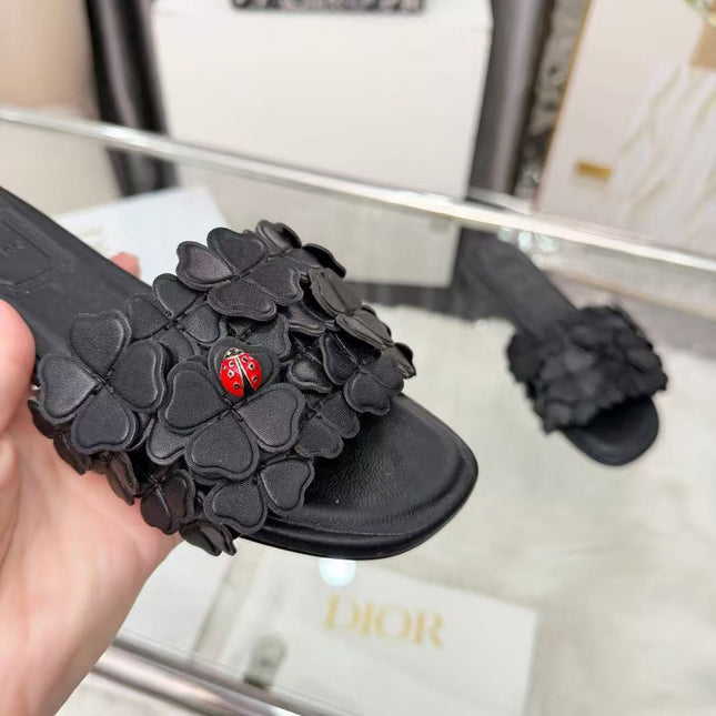 DIOR 26S SLIDE SANDALS IN HEART FLORAL BLACK CALFSKIN