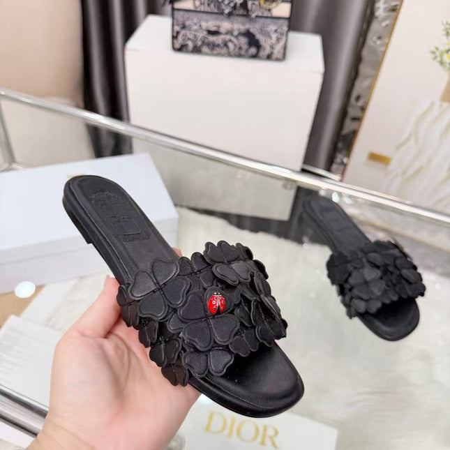 DIOR 26S SLIDE SANDALS IN HEART FLORAL BLACK CALFSKIN
