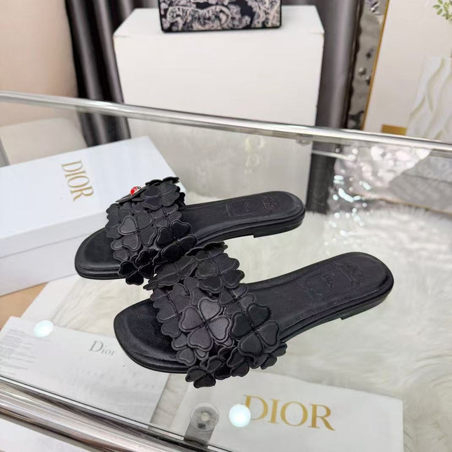 DIOR 26S SLIDE SANDALS IN HEART FLORAL BLACK CALFSKIN