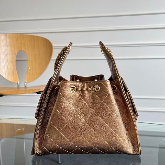 CHANEL 25S HOBO BAG 22 IN METALLIC GOLD ROSE CAVIAR GOLD HARDWARE