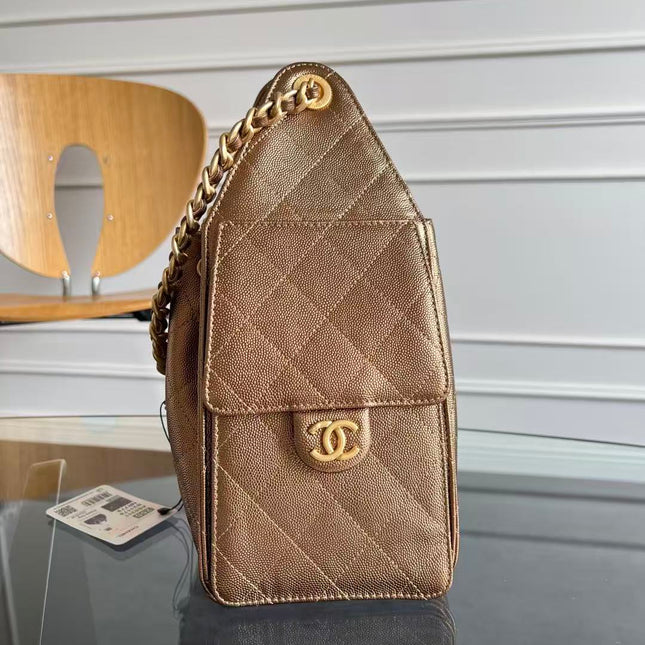 CHANEL 25S HOBO BAG 22 IN METALLIC GOLD ROSE CAVIAR GOLD HARDWARE