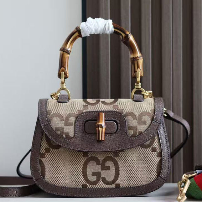 BAMBOO 1947 MINI BAG 21 IN BROWN CALFSKIN AND BEIGE CANVAS