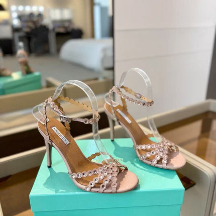 AQUAZZURA 26S CRYSTAL STRAPPY SANDALS IN BLUSH PINK SATIN