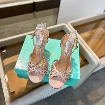 AQUAZZURA 26S CRYSTAL STRAPPY SANDALS IN BLUSH PINK SATIN