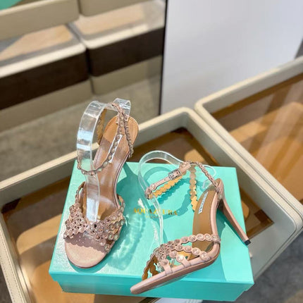 AQUAZZURA 26S CRYSTAL STRAPPY SANDALS IN BLUSH PINK SATIN