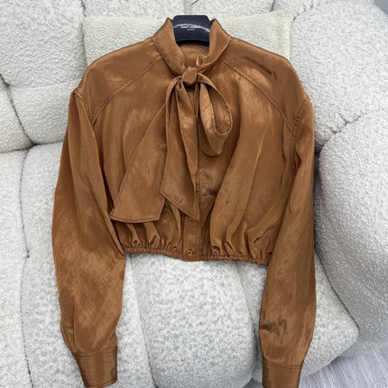 YSL 26S BOW TIE CROPPED BLOUSE IN CARAMEL SILK