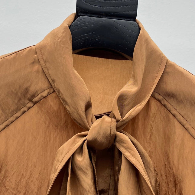 YSL 26S BOW TIE CROPPED BLOUSE IN CARAMEL SILK