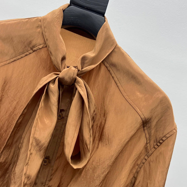 YSL 26S BOW TIE CROPPED BLOUSE IN CARAMEL SILK