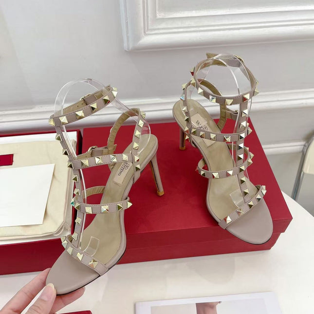 VALENTINO 26S ROCKSTUD CAGED SANDALS IN POWDER PINK CALFSKIN LEATHER