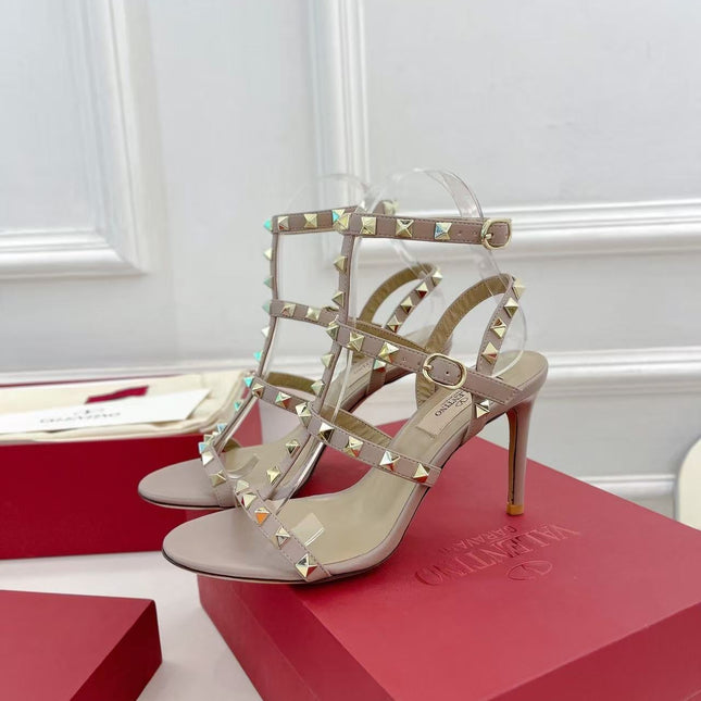 VALENTINO 26S ROCKSTUD CAGED SANDALS IN POWDER PINK CALFSKIN LEATHER