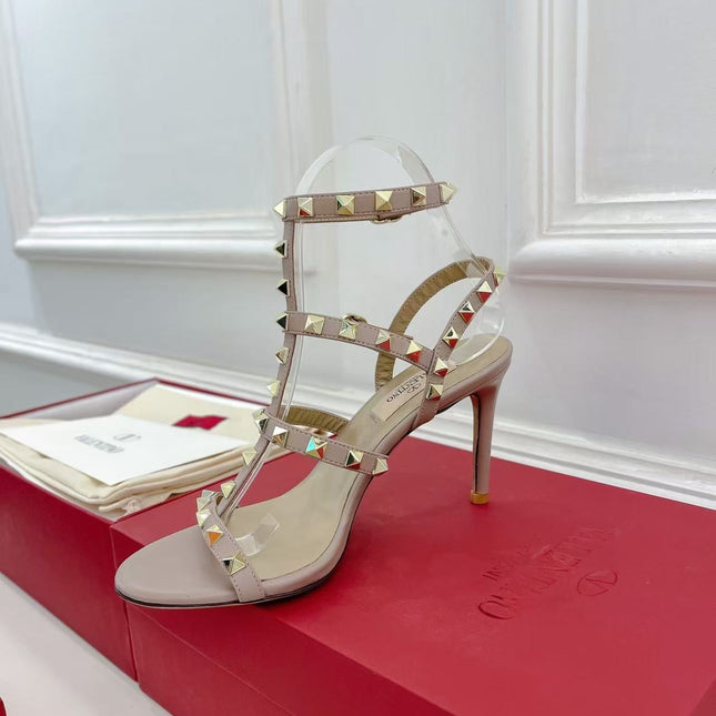 VALENTINO 26S ROCKSTUD CAGED SANDALS IN POWDER PINK CALFSKIN LEATHER