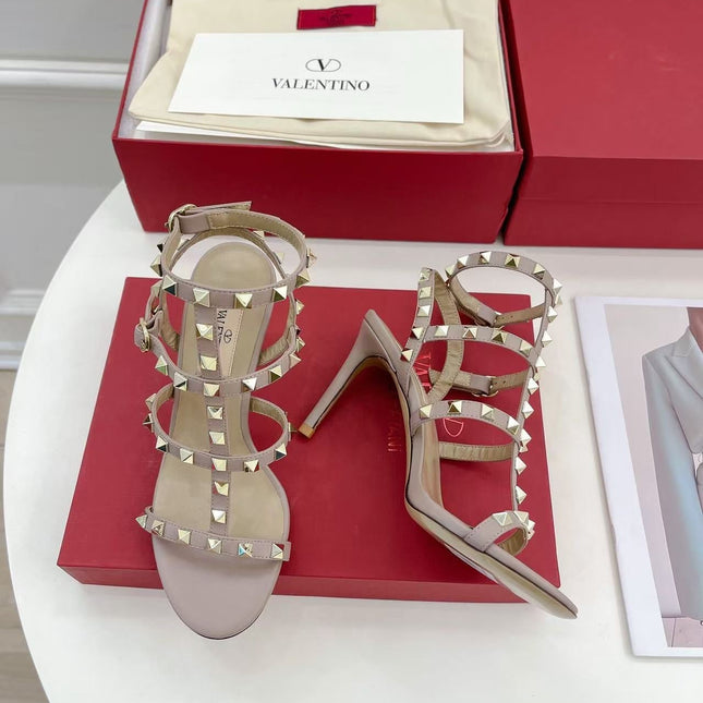 VALENTINO 26S ROCKSTUD CAGED SANDALS IN POWDER PINK CALFSKIN LEATHER