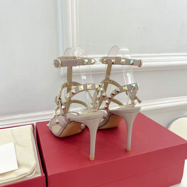 VALENTINO 26S ROCKSTUD CAGED SANDALS IN POWDER PINK CALFSKIN LEATHER