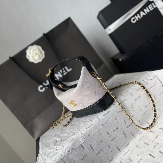 CHANEL 26S MINI BUCKET BAG IN BEIGE BLACK CAVIAR LEATHER