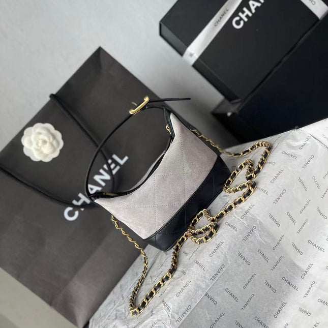 CHANEL 26S MINI BUCKET BAG IN BEIGE BLACK CAVIAR LEATHER