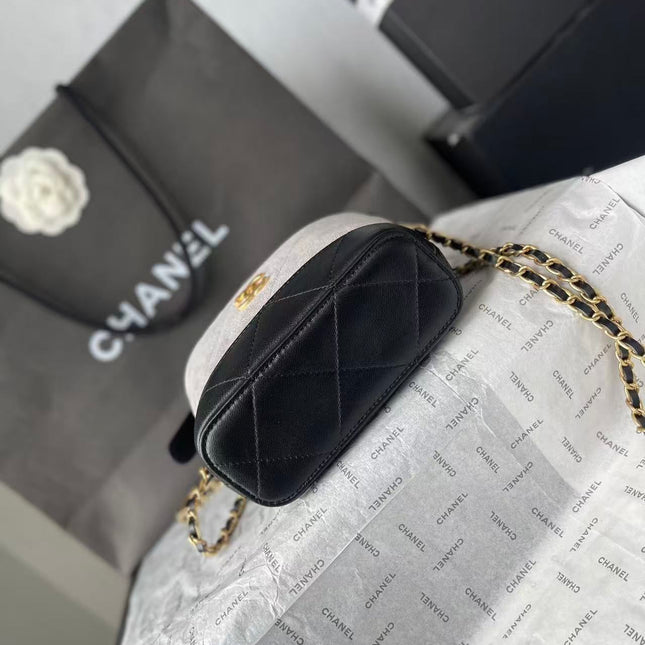 CHANEL 26S MINI BUCKET BAG IN BEIGE BLACK CAVIAR LEATHER