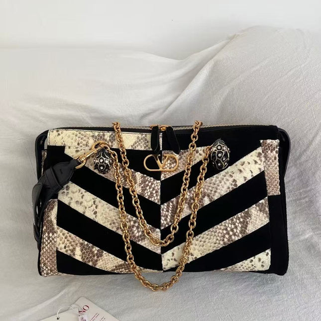 VALENTINO 26S SHOULDER BAG IN BLACK & NATURAL PYTHON LEATHER