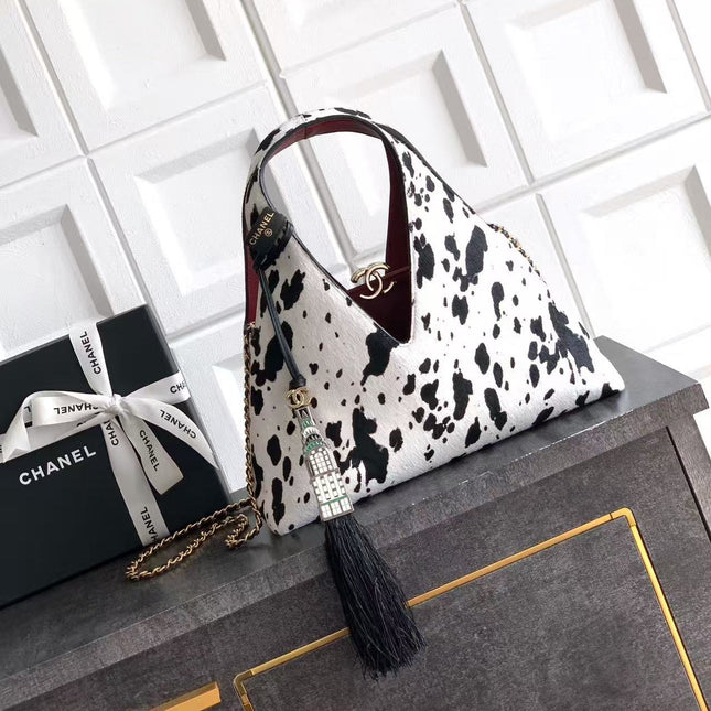 CHANEL 26S TRIANGLE HOBO BAG IN BLACK WHITE CALFSKIN  LEATHER