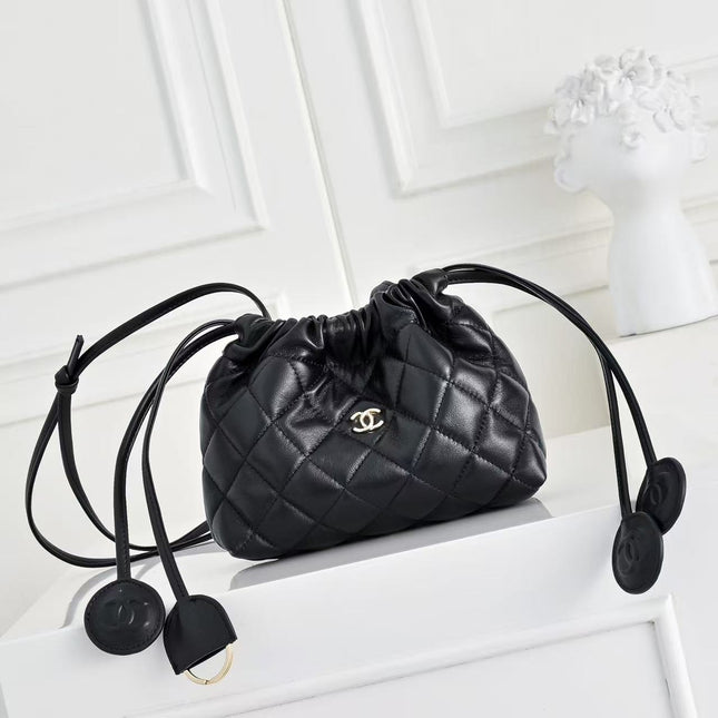 CHANEL 26S DRAWSTRING BUCKET BAG IN BLACK CALFSKIN