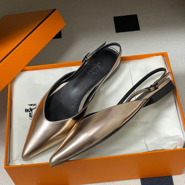 HERMES 26S NICOLE BALLET FLAT SLINGBACK IN METALIC CALFSKIN