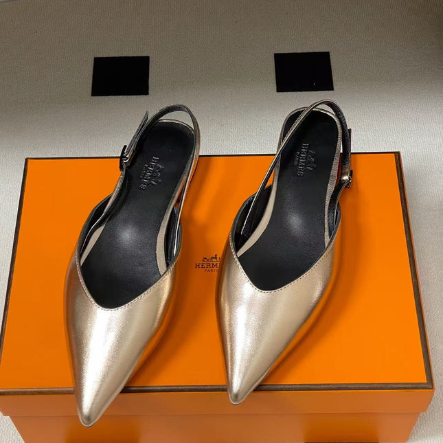 HERMES 26S NICOLE BALLET FLAT SLINGBACK IN METALIC CALFSKIN