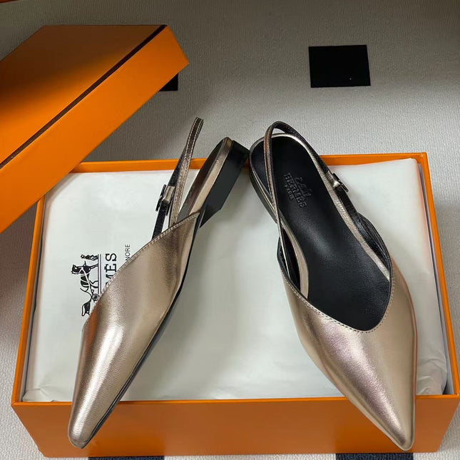 HERMES 26S NICOLE BALLET FLAT SLINGBACK IN METALIC CALFSKIN