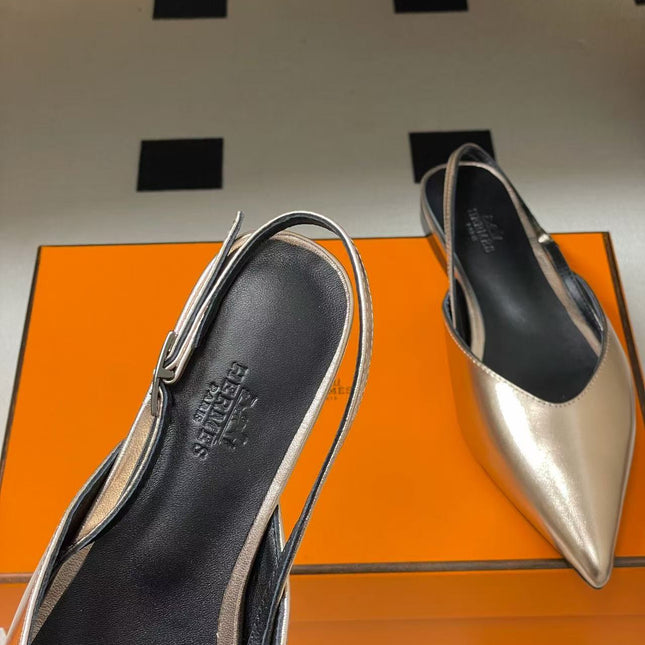 HERMES 26S NICOLE BALLET FLAT SLINGBACK IN METALIC CALFSKIN