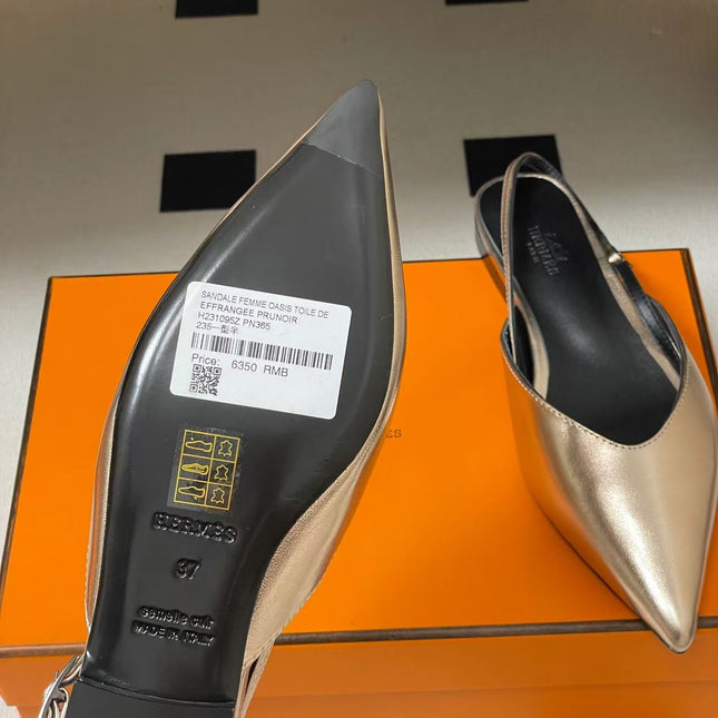 HERMES 26S NICOLE BALLET FLAT SLINGBACK IN METALIC CALFSKIN